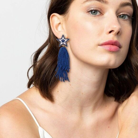 Yellow Gold and Blue White Beaded Star Tassel Fringe Dangling Boho Post Earrings - Picture 5 of 7